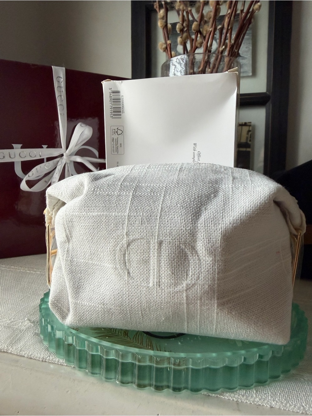 Dior Off-White Embossed Canvas Pouch with Gold Accents